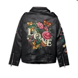 Hanna banana faux leather biker jacket girls 6 black love embroidered moto